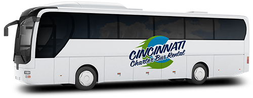 a plain white charter bus with a cincinnati charter bus rental logo on it