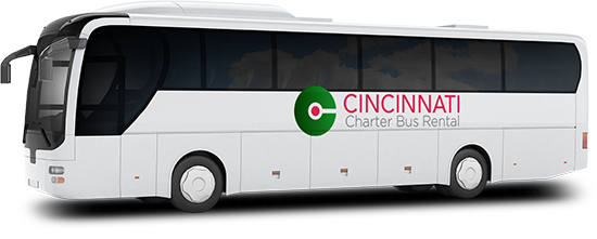 a plain white charter bus with a cincinnati charter bus rental logo on it